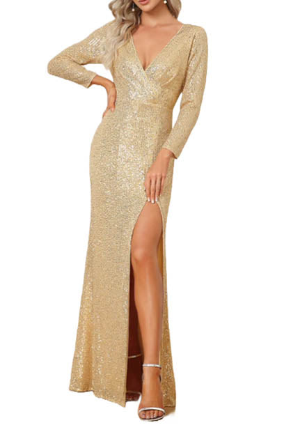Long Sleeves V Neck Sequin Evening Gown