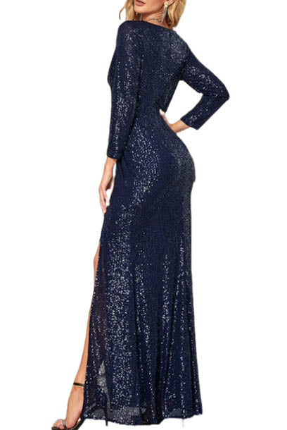 Long Sleeves V Neck Sequin Evening Gown