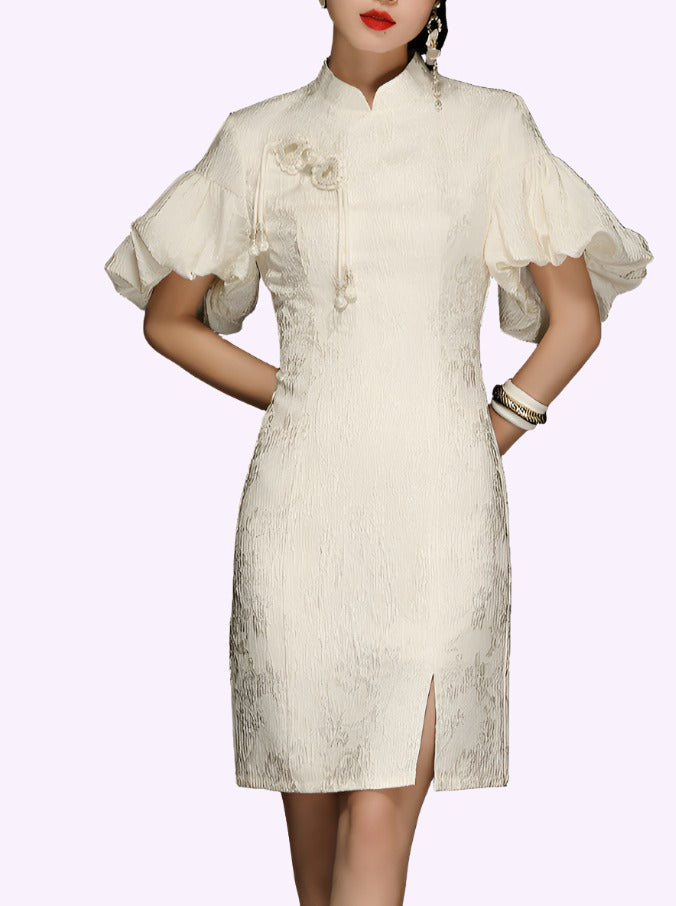 Puffed Sleeves Cream Jacquard Cheongsam