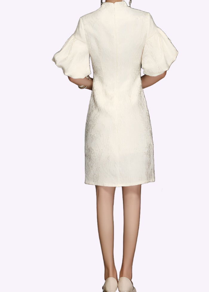 Puffed Sleeves Cream Jacquard Cheongsam