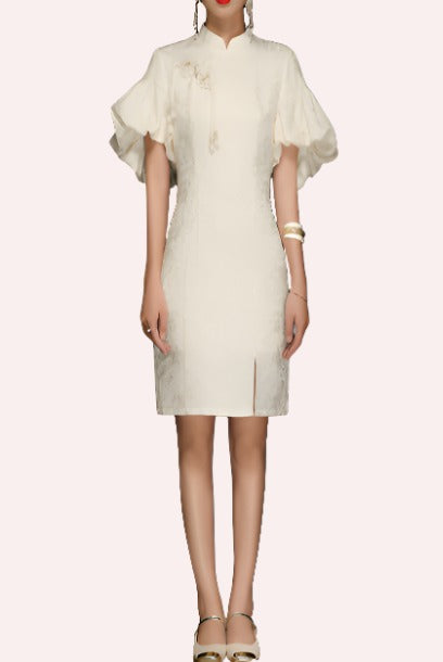 Puffed Sleeves Jacquard Cheongsam