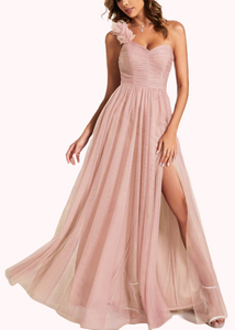 One Shoulder Blush Pink Ruched Sweetheart Evening Gown