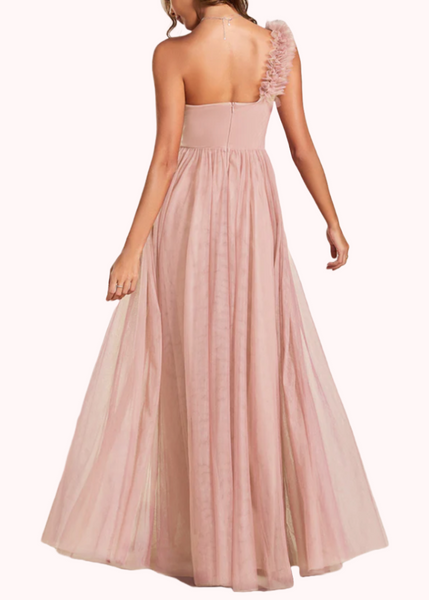 One Shoulder Blush Pink Ruched Sweetheart Evening Gown