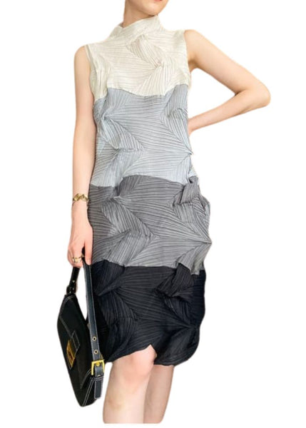 Pleats Please High Neck Colourblock Asymmetrical Dress