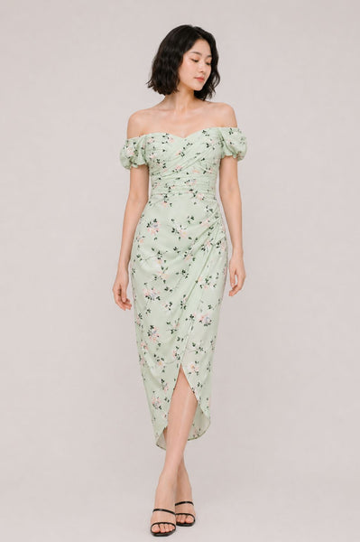 Puffed Off-the-Shoulders Floral Iris Midi Dress
