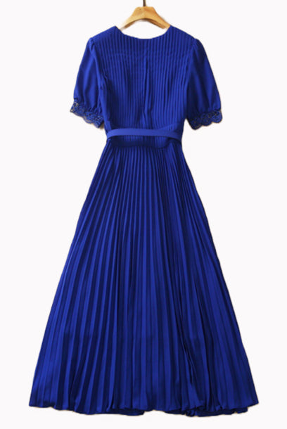 Puffed Sleeves Chiffon V Neck Cobalt Midi Dress