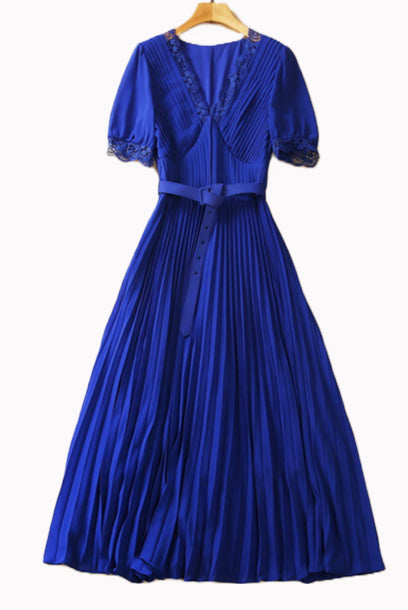 Puffed Sleeves Chiffon V Neck Cobalt Midi Dress
