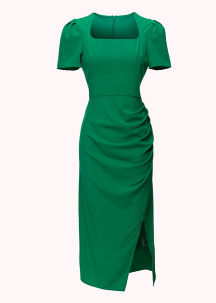 Puffed Sleeves Crepe Midi Dress