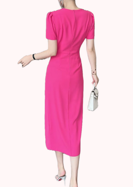 Puffed Sleeves Crepe Midi Dress