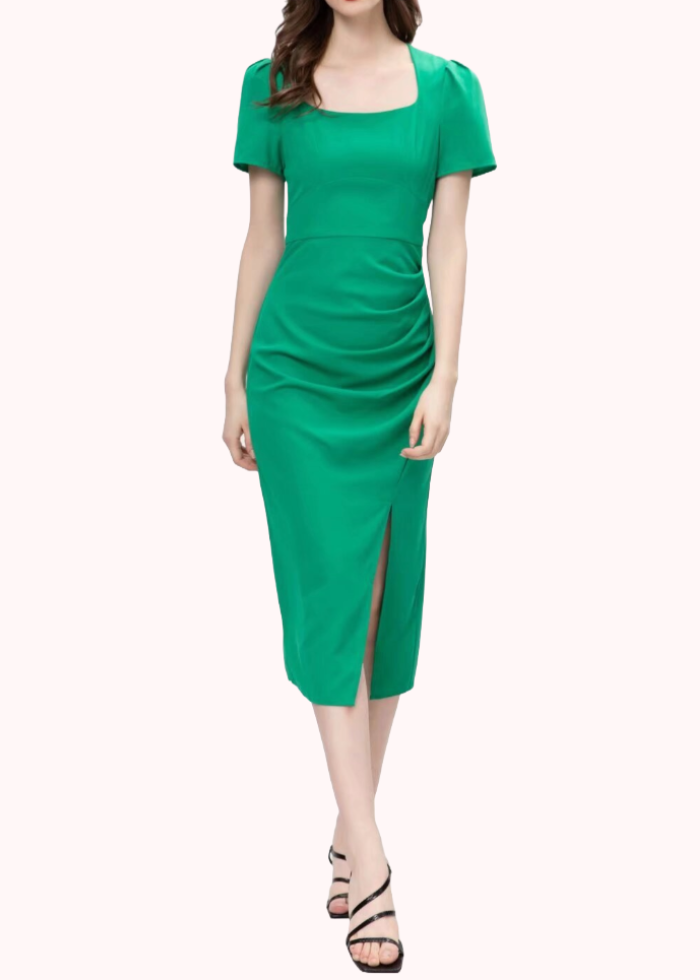 Puffed Sleeves Crepe Midi Dress