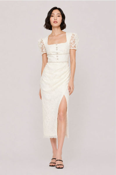 Puffed Sleeves Lace Midi Dress
