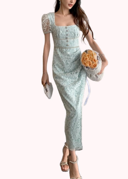 Puffed Sleeves Lace Midi Dress