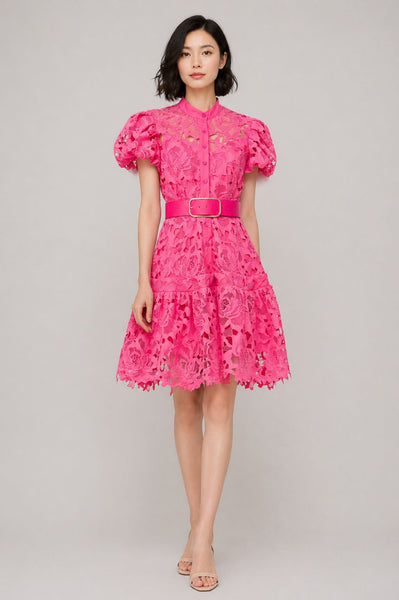Puffed Sleeves Lace Mini Dress