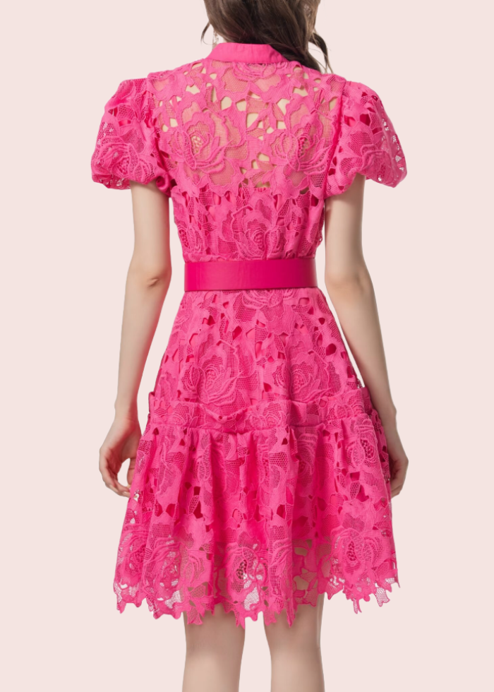 Puffed Sleeves Lace Mini Dress