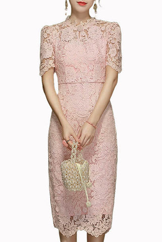 Puffed Sleeves Lace Pencil Dress