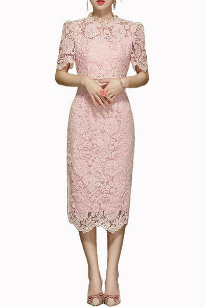 Puffed Sleeves Lace Pencil Dress