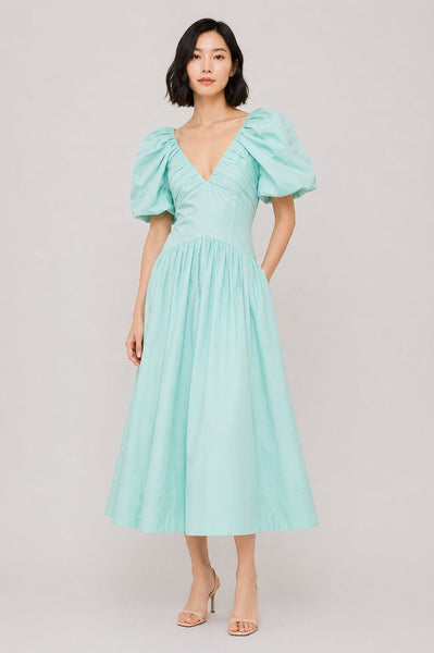 Puffed Sleeves Plunging Midi Dress