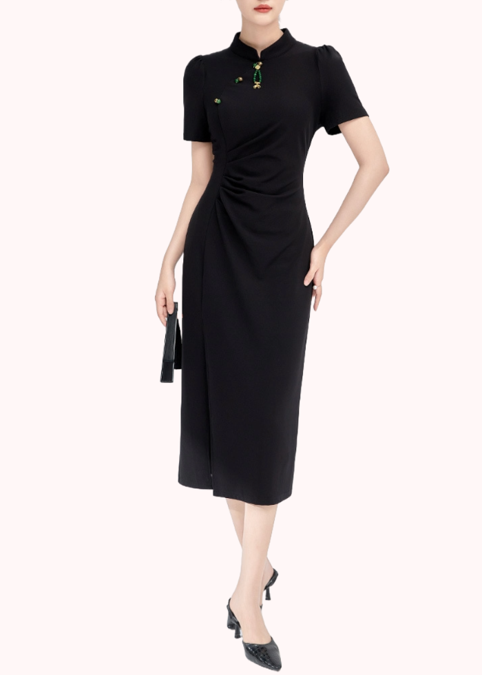 Puffed Sleeves Ruched Midi Cheongsam