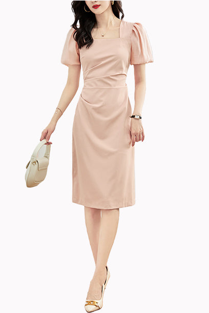 Puffed Sleeves Ruched Pencil Dress