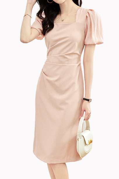 Puffed Sleeves Ruched Pencil Dress