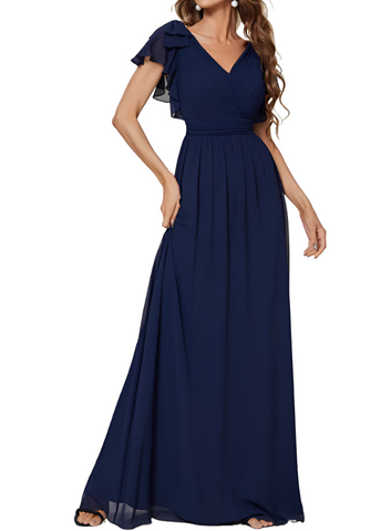 Ruffles Sleeves V Neck Navy Evening Gown