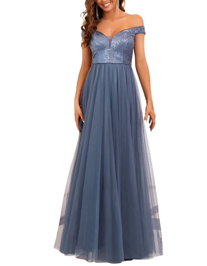 Off Shoulder Sequin Tulle Evening Gown