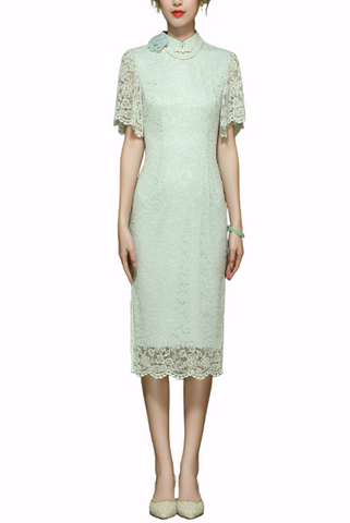 Bell Sleeves Mint Lace Cheongsam