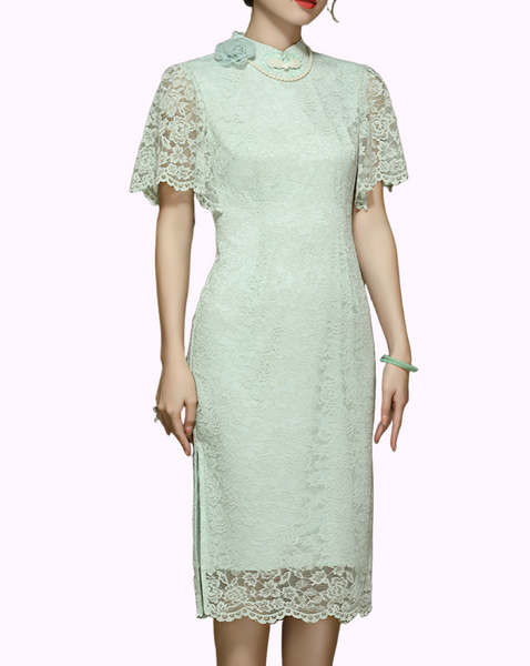 Bell Sleeves Mint Lace Cheongsam