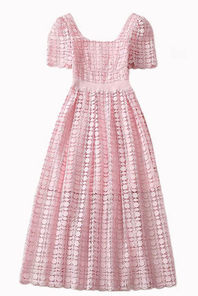 Short Sleeves Guipure Lace Pink Midi Dress