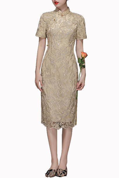 Short Sleeves Gold Lace Cheongsam