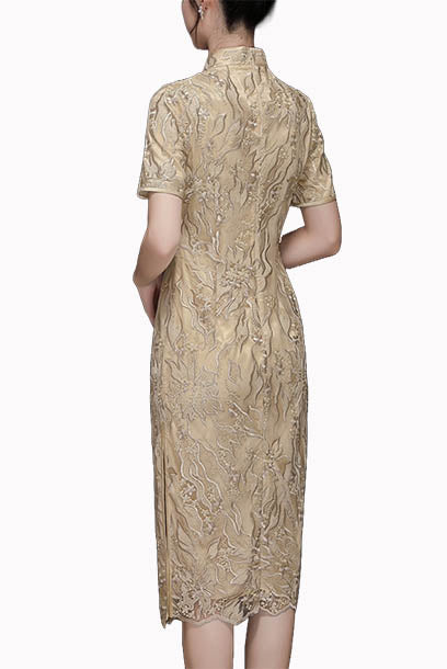 Short Sleeves Gold Lace Cheongsam