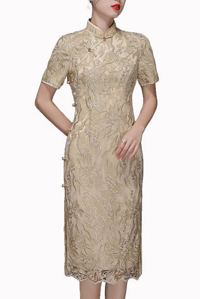 Short Sleeves Gold Lace Cheongsam
