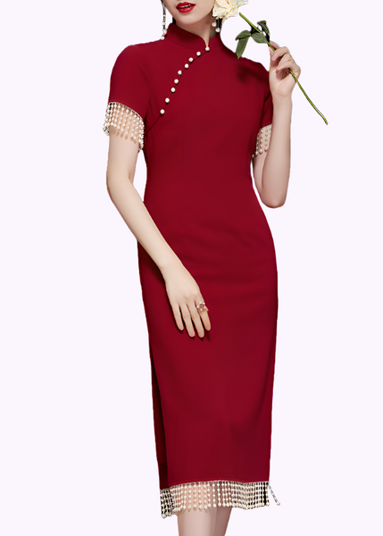 Short Sleeves Red Pearl Cheongsam