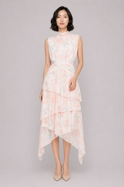 Sleeveless Asymmetrical Floral Midi Dress