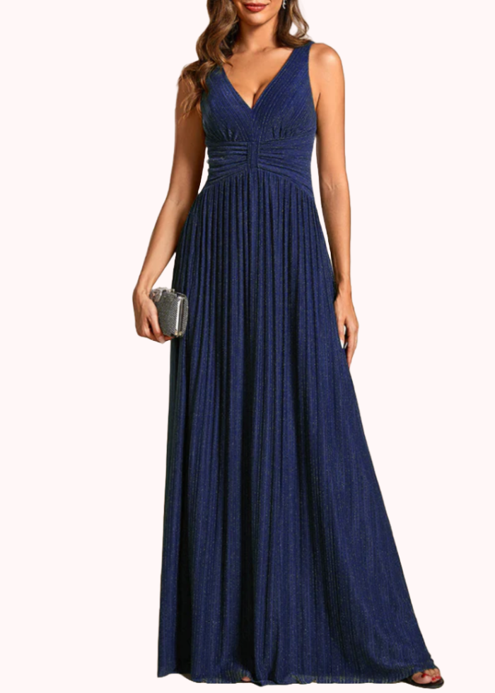 Sleeveless Deep V Neck Pleated Evening Gown