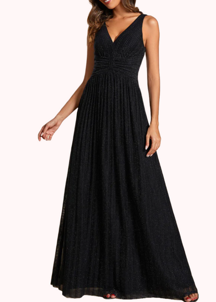 Sleeveless Deep V Neck Pleated Evening Gown