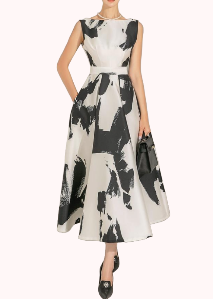 Sleeveless Monochrome Jacquard Flare Dress