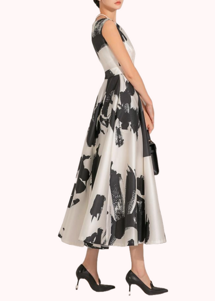 Sleeveless Monochrome Jacquard Flare Dress