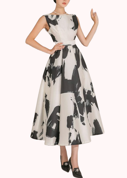 Sleeveless Monochrome Jacquard Flare Dress