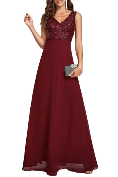 Sleeveless V Neck Sequin Evening Gown