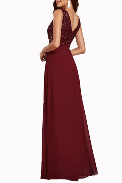 Sleeveless V Neck Sequin Evening Gown