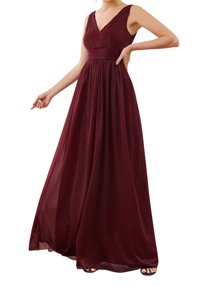 Sleeveless V Neckline Ruched Burgundy Evening Gown