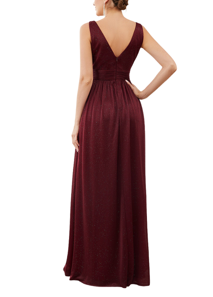 Sleeveless V Neckline Ruched Burgundy Evening Gown