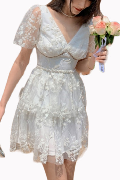 Short Sleeves White Sequin Mini Dress