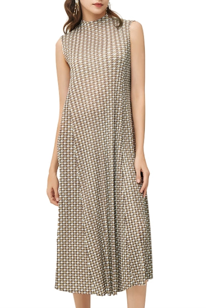Sleeveless Houndstooth Pleats Please Midi Dress
