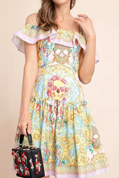 Bare shoulders Skull Printed Mini Dress