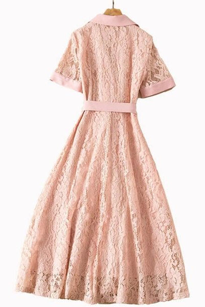 Short Sleeves Pink Lace Shirt Dress