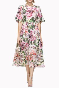 Bell Sleeves Camelia Pink Floral Printed Dress