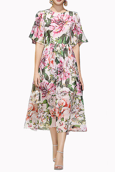 Bell Sleeves Camelia Pink Floral Printed Dress