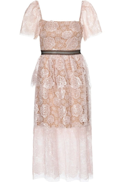 Bell Sleeves Floral Lace Midi Tiered Dress